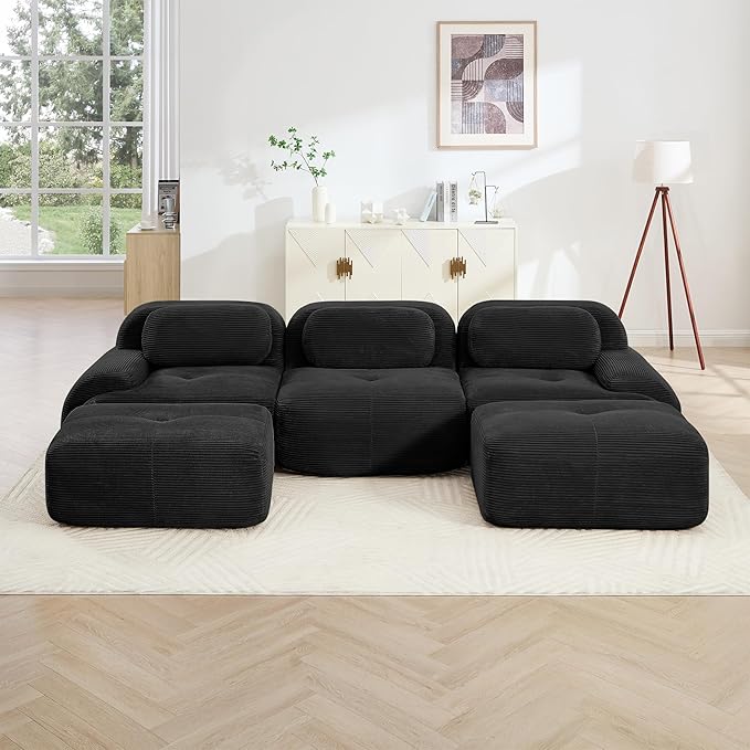 117 Foam Compressed Cloud Sofa28 Feep Seat Pet-Friendly Corduroy Oversize Sectional Couch with 2 Movable Ottomans 3 Seater Modular Cloud Couch for Living Rooms Apartments Leisure RoomsBlack