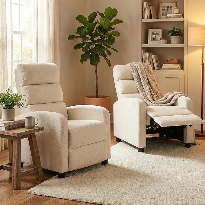 Furnimart 2-Piece Manual Recliner Chair for Small Spaces Chenille Reclining Chair with Chunky Cushion Comfortable Single Sofa for Adults Ideal for Living Room Bedroom Home Theater Beige