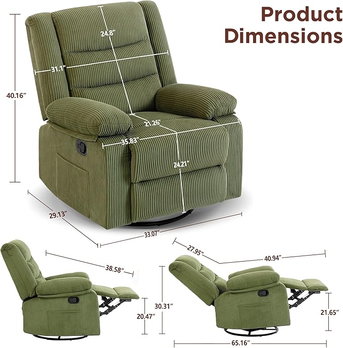 360° Swivel Rocker Recliner Chair for Adults Manual Reclining Chair with Comfortable Arms and Back Upholstered Glider Rocking with Side Pockets for Living Room Bedroom Corduroy Green