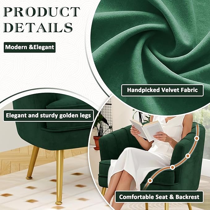 Andeworld Velvet Accent Chair Set of 2 Upholstered Modern Single Sofa Side ChairComfy Barrel Club Living Room Armchair with Golden Metal Legs for Bedroom Living Reading Room Office Green