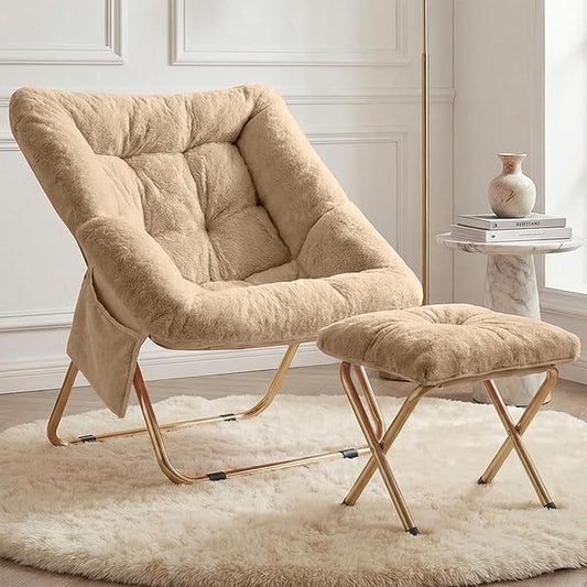 Comfy Saucer Chair for Adults Foldable Living Room Chairs Soft Faux Fur Lounge Chair for Bedroom Reading Chairs X-Large (Ottoman-Beige)