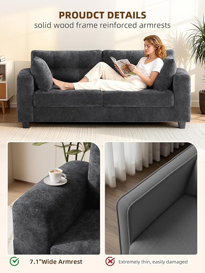 Loveseat Sofa for Living RoomModern Couch with Removable Chenille CoversWide ArmrestsSide PocketsUSB/Type-C Charging PortsEasy Assembly (70 inchGrey)