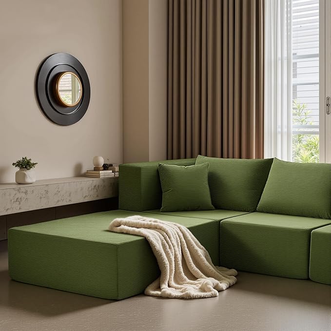 YINIX 140 Modular Sectional Sofa Couches Corduroy Sleeper Deep Seat Sofa Bed Comfy Cloud Couch for Living Room Floor Sofa 6 Piece Free Combination Compression No Assembly Required Green