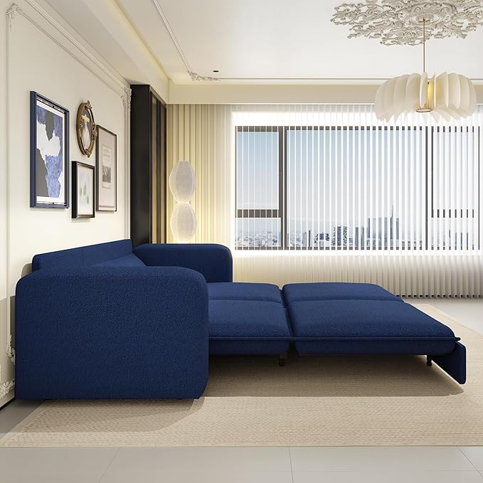 93King Size Pull Out Sofa Bed 3-in-1 Teddy Convertible Sleeper Sofa with Ultra Wide Armrests Tufted Modern Sofa with 2 Lumbar Pillows for Bedroom Living Room Apartment (Blue 93inch)