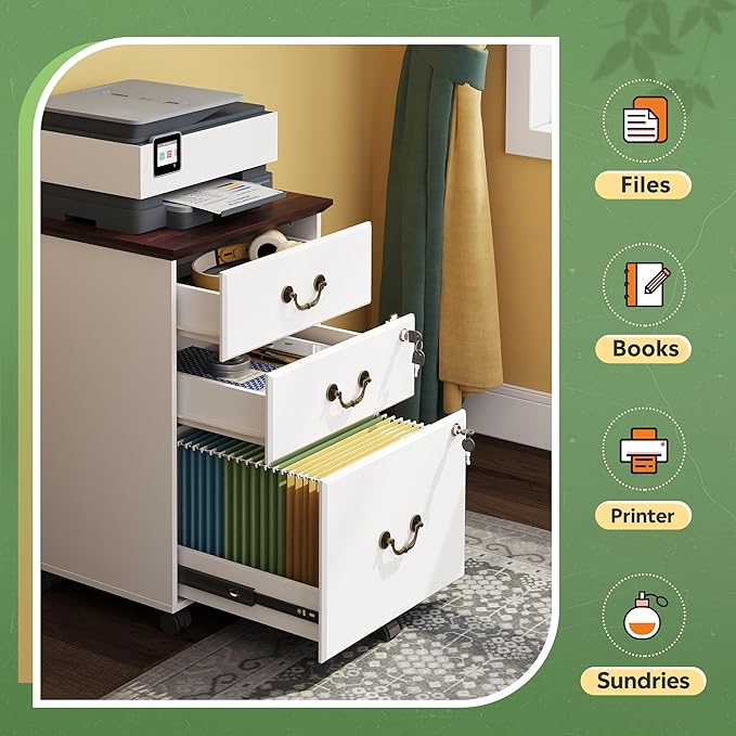 DEVAISE File Cabinet 3-Drawer Small Office Furniture with Lock Rolling Under Desk Filing Cabinet for Home Office White
