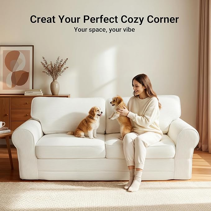 83 Corduroy Loveseat Sofa for Living Room Boneless Sofa with Wide Rounded Armrest Deep Cushioned Couch with Lock-Stitched Edges Skin-Friendly Cloud Couch White