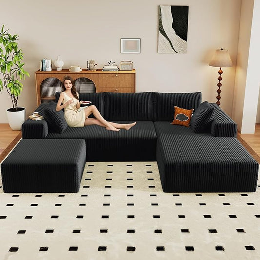 96 U-Shape Cloud Couch Modern Modular Sectional L-Shape Sofa with Ottoman Corduroy Upholstered Couches Deep Seat Sleeper Chaise Longue for Living Room No Assembly Required(Black Right Facing)