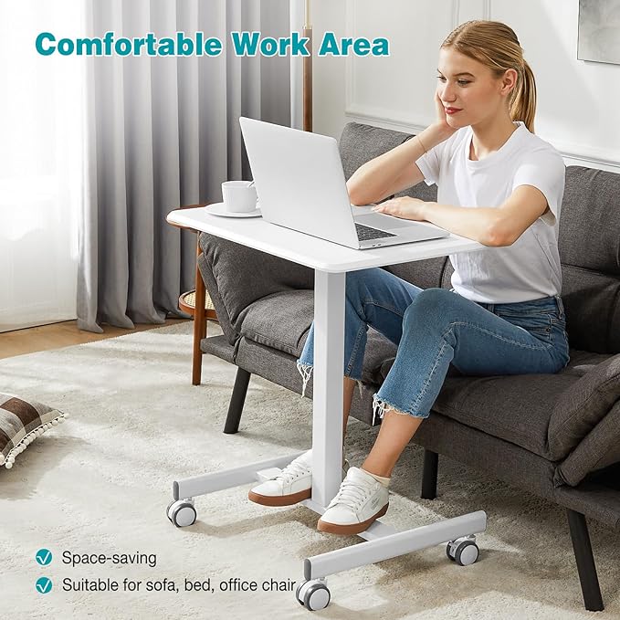 DUMOS Small Standing Desk Mobile Portable Rolling Laptop PC Table on Wheels Adjustable Height Computer Workstation for Home Office 19 Inch Modern White