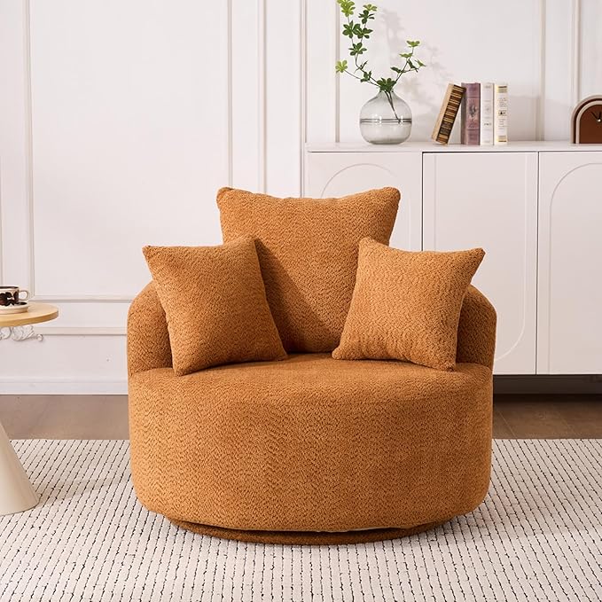 40” Orange Round Swivel Chair with 3 Pillows &amp Thick Cushion Oversized 360° Swivel Accent Chair Modern Boucle Armchair for Nursery Living Room Bedroom Club