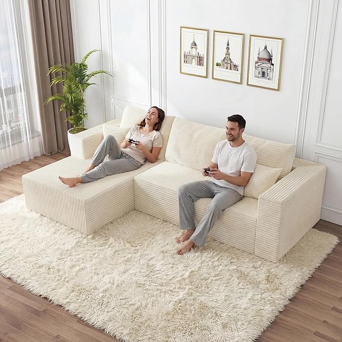 92.5 Modular Sectional Sofa L-Shaped Cloud Couch with Deep Seat &amp Chaise Premium Corduroy Boneless Couches for Living Room/Bedroom/Small Space No Need Assembly - Beige