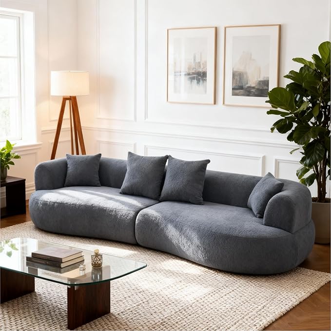 Oversized Sectional Sofa for Living Room 122 Modern Plush Teddy Fabric Sofa 4-Seater Extra Deep &amp Wide Seat Curved Cloud Couch with 4 Throw Pillows Grey