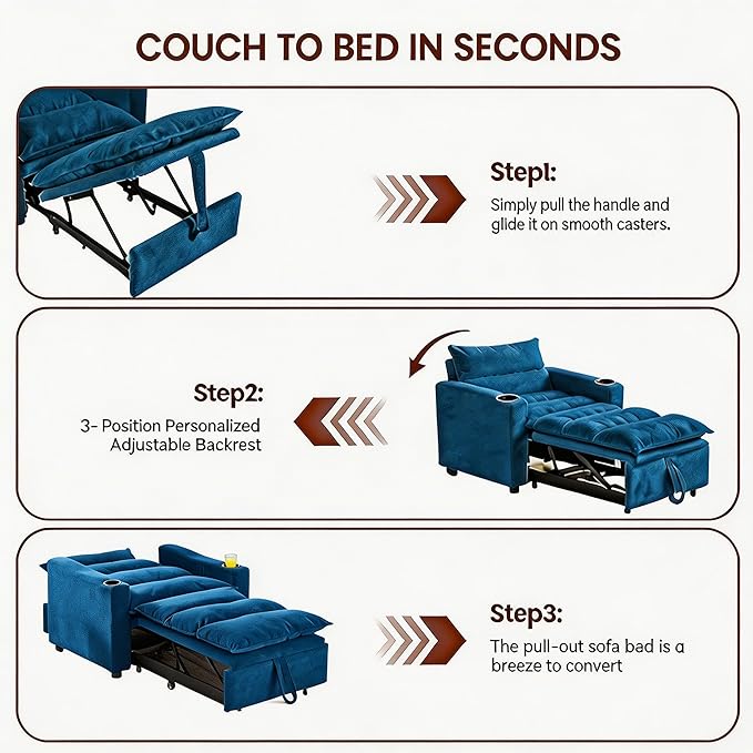Casaphoria Convertible Sleeper Chair 66.54 Futon Sofa Bed Single Sleeper Sofa Small Couch Bed with Adjustable Backrest for College Dorm Bedroom Studio Apartment