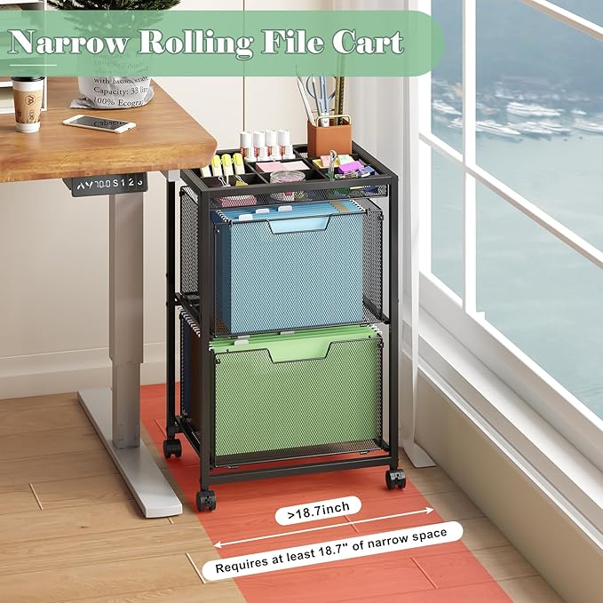 Rolling File Cart with 2 Drawers Under Desk Storage Cabinet with DIY Divider Letter/Legal Mobile Filling Cabinet on Wheels Hanging File Folders Organizer Metal Utility Cart for Home Office Black