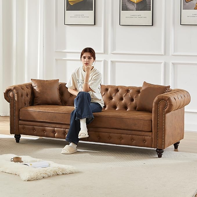 2 Piece Mid Century Modern Couch Set Retro Button Tufted Chesterfield Sofa muebles para la sala Comfy Deep Seat Upholstered Office Furniture Living Room Sofas Set (Retro Brown Couch and Loveseat)
