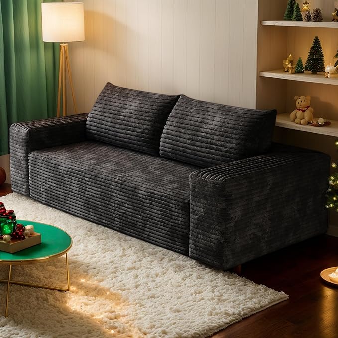 71 W Corduroy Boneless Couch 3-Seater Compression Sofa with Deep Seat No Assembly Required Comfy Loveseat Sofa with 2 Pillows Sofa Couches for Living Room/Apartment (Black 71 inch) | Breathable