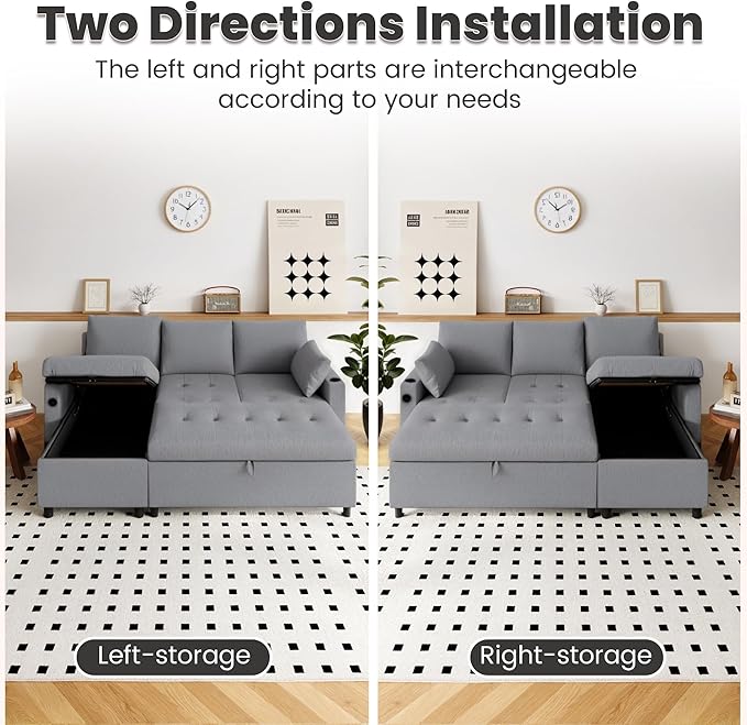 Sleeper Sofa Couch with Pullout Bed 83.5'' L Shaped Convertible Sofa Bed Couches for Living Room Small Apartment Pull Out Couch with USB Storage Chaise Cup Holder Linen Fabric Light Grey