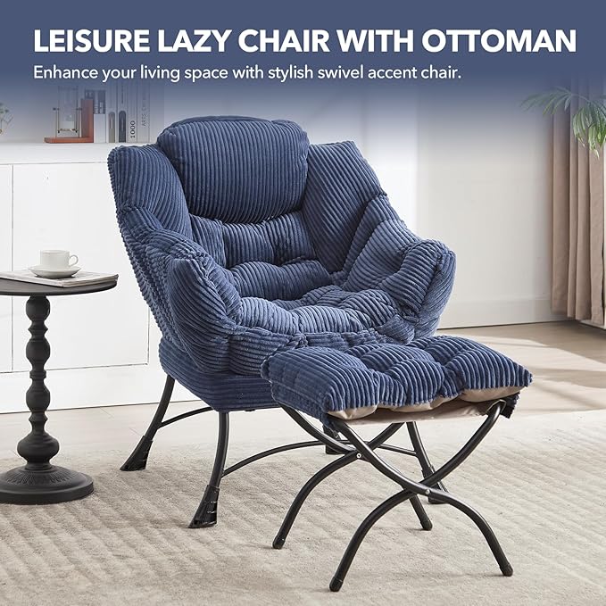 NIOIIKIT Leisure Lazy Chair with Ottoman Corduroy Upholstered Lounge Armchair with Side Pocket Comfy Reading Chair Lazy Sofa Chair for Living Room Bedroom Office (Navy Blue)