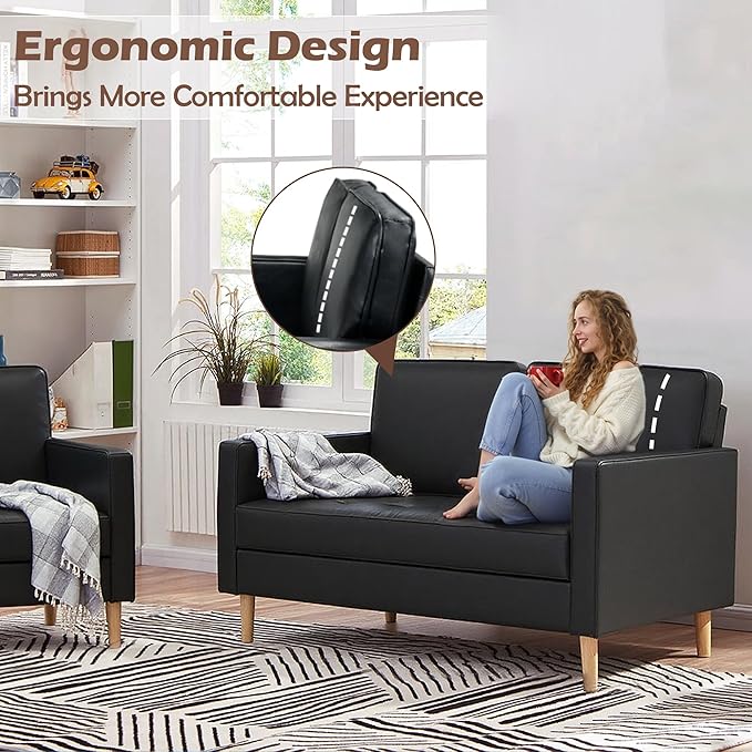 AILEEKISS Mid-Century Sectional Sofa Set for Living Room Faux Leather Office 2 Pcs Couch Set with Armrest Modern Upholstered Loveseat Couches (1-Seater+2-Seater Black)