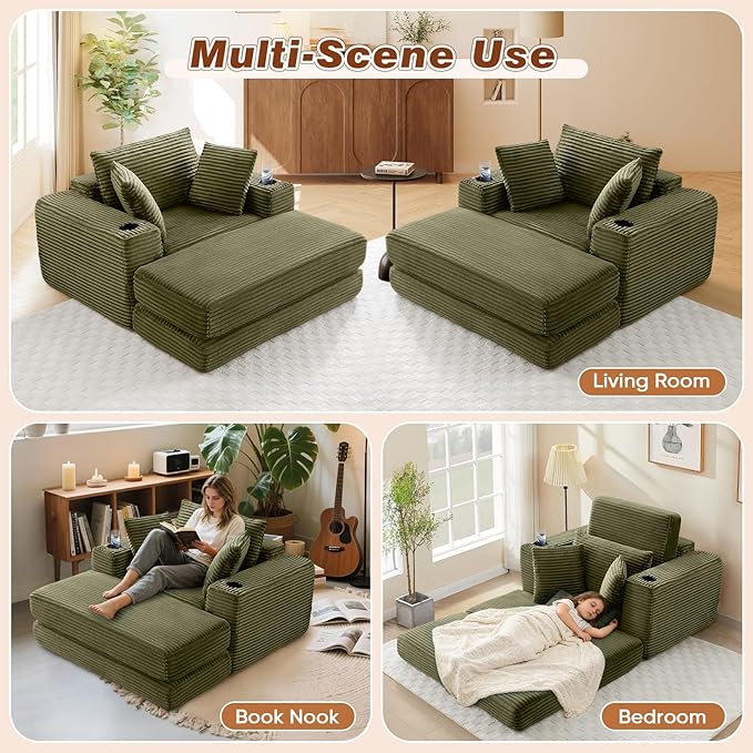 Antetek Boneless Corduroy Chaise Lounge Chair Indoor 52-inch 4-in-1 Folding Convertible Sofa Bed w/Cup Holders Modern Cozy Reading Accent Chair for Living Room No Assembly Green