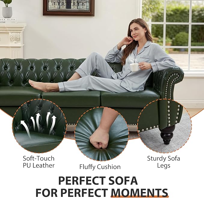 AVZEAR 84 Chesterfield Sofa Vintage Green 3-Seater PU Leather Couch Mid-Century Modern Faux Leather Sofa Button Tufted Back with Rolled Arms for Large Living Room Apartment Green