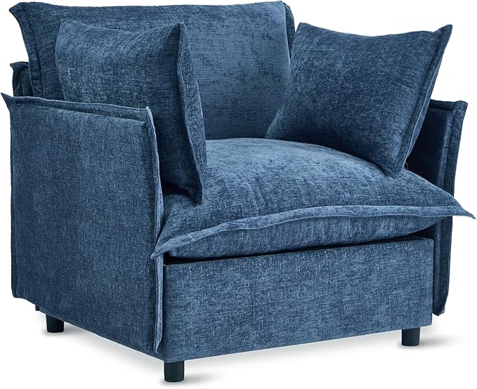 VINGLI Blue Accent Chair 34 Width Oversized Reading Chair Upholstered Armchair Soft Chenille Fabric Living Room Chairs Sofa for Adults Bedroom Home Office Play Room
