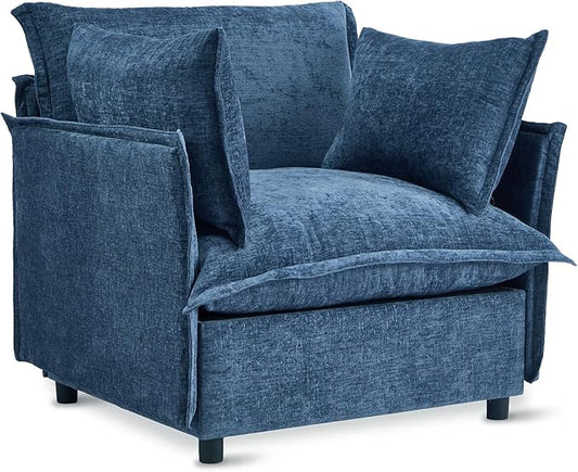 VINGLI Blue Accent Chair 34 Width Oversized Reading Chair Upholstered Armchair Soft Chenille Fabric Living Room Chairs Sofa for Adults Bedroom Home Office Play Room