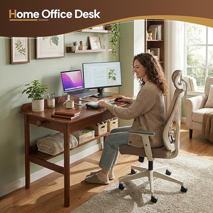 Solid Wood Study Desk &amp Home Office Writing Table with Drawers 47 Vintage Mid Century Modern Computer Desk Home Office Workstation for Bedroom Small Spaces Apartment(Walnut47.2 Inch Wide)