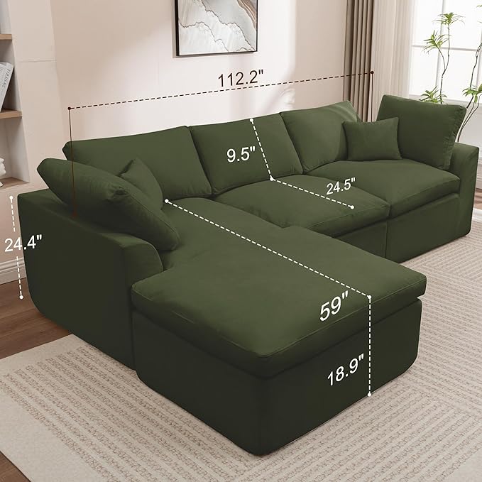 112 Cloud Sectional Couches for Living Room Modern Modular Sectional Sofa with Ottoman Boneless Cloud Couch with Comfy Deep Seats Fluffy Chenille L-Shape Sofa Couch for Living Room Green