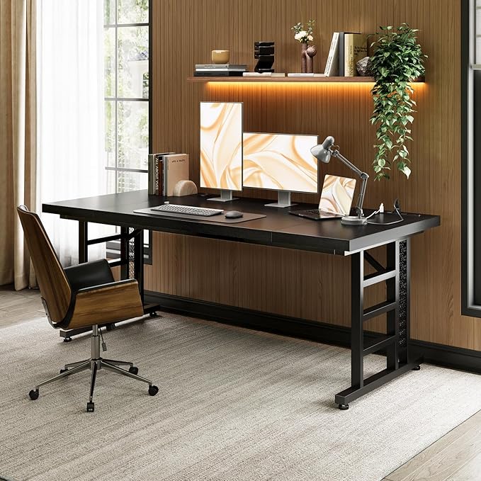 Coleshome 71 Inch Executive Desk with USB Ports Computer Office Desk Large Mordern Writing Table Workstation Business Furniture for Home Office Black