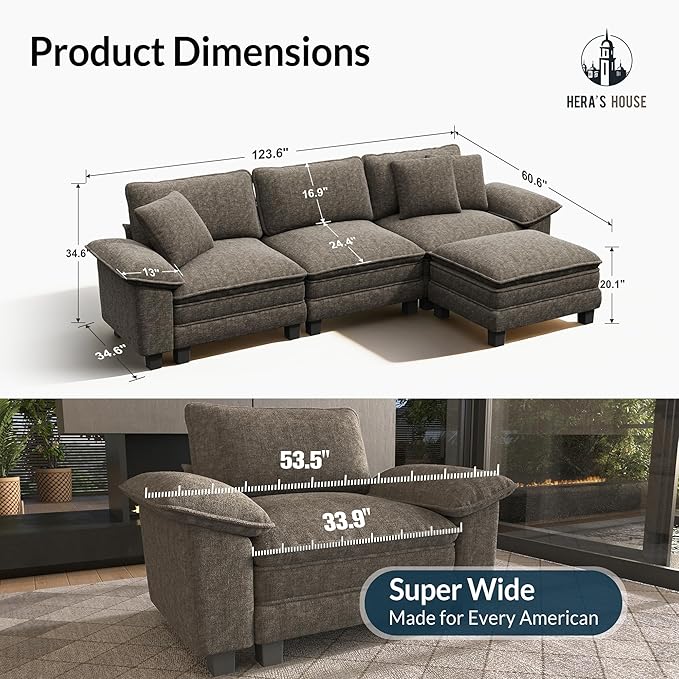 HERA'S HOUSE 124 Modular Sectional Sofa Oversized L Shaped Couches for Living Room Comfy Cloud Couch with Ottoman 4-Seater Deep Seat Sofa with Throw Pillow Chenille Ash