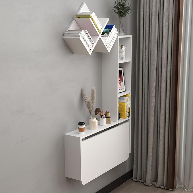 Folding Wall Mounted Drop Leaf Table Foldable Desk with Moveable Cabinets Floating Laptop with Convertible Storage Shelves Multifunctional Computer Workstation in Home for Space Saving