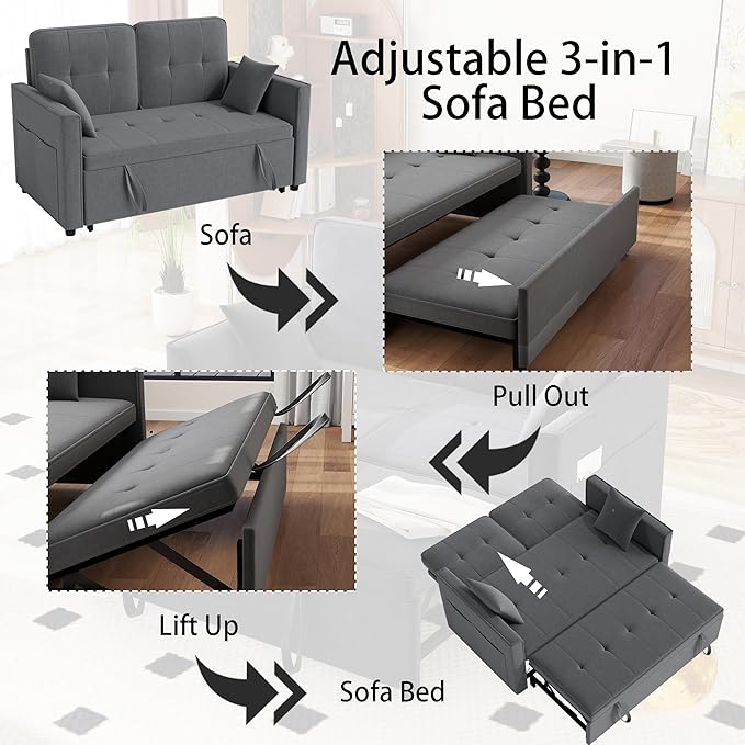Grey Convertible Sofa Bed: 3 in 1 Sleeper Sofa Couch Bed Pull Out Couch with Adjustable Backrest Velvet Convertible Loveseat Sleeper for Living Room (Grey)