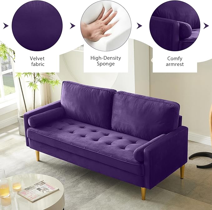 67in Modern Velvet Loveseat Sofa Couch Mid-Century Tufted Upholstered Small Love Seat Couch with 2 Pillows &amp 4 Golden Legs 2-Seats Couches for Compact Space Living Room Apartment (Purple)