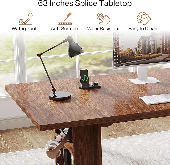 Tribesigns 62.99-Inch Computer Desk Modern Executive Office Desk Large Long Writing Table with Storage Shelves for Office Study Room (Brown)
