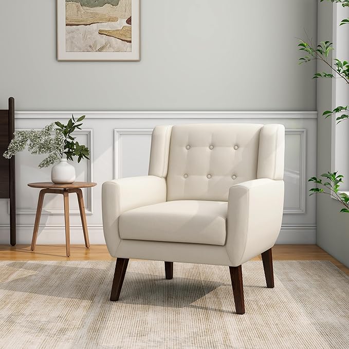 Accent Chair Mid-Century Modern Fabric Chairs with Arms for Living Room Comfy Upholstered Club Single Sofa Armchair for Bedroom Waiting Room with Solid Wood Frame