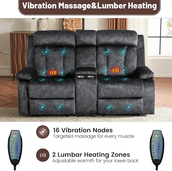 Power Reclining Loveseat with Console Loveseat Recliner Sofa with Massage &amp Heat Perfect Electric Couch for Living Room (Gray)