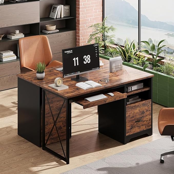 Bestier 47 Computer Desk with Drawers Home Office Desk with Keyboard Tray Reversible Industrial Office Desk with Storage Cabinet for Small Space Home Office &amp Studio Rustic Brown