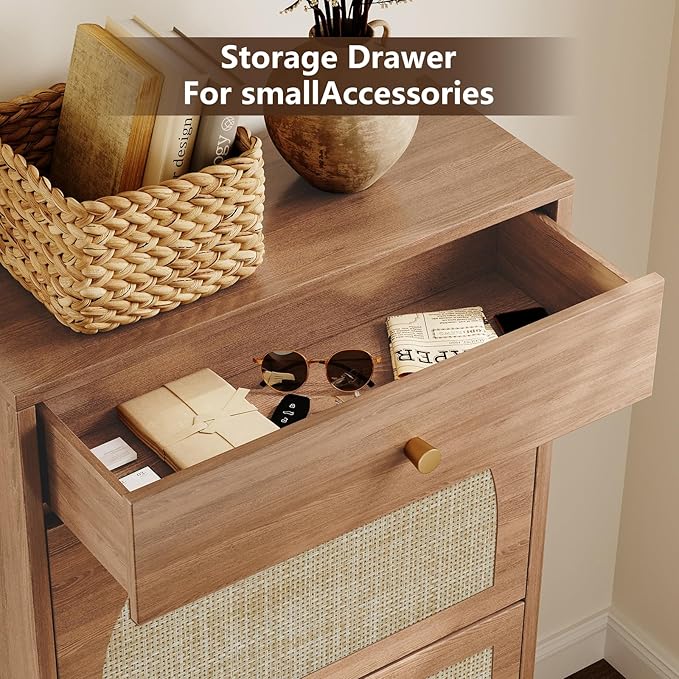 Nicetree Shoe Cabinet for Entryway Slim Shoe Rack with 2 Flip Drawers and Top Storage Drawer Narrow Shoe Organizer with Arched Rattan Accent Entryway Shoe Storage for Size 12 Shoes Caramel