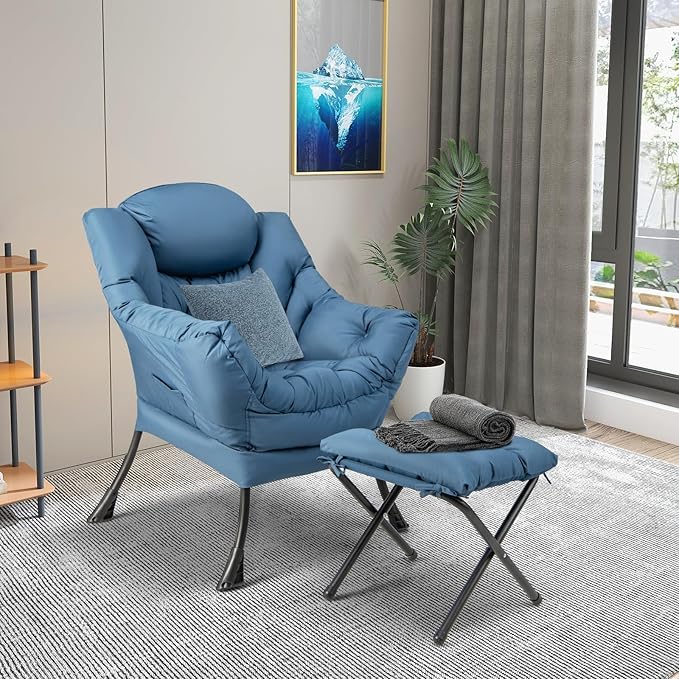 KOMFOTT Lazy Chair with Ottoman Set of 2 Leisure Upholstered Reading Sofa Chair with Armrests &amp Side Pocket Modern Lounge Accent Chair with Folding Footrest for Living Room Bedroom Balcony Bl
