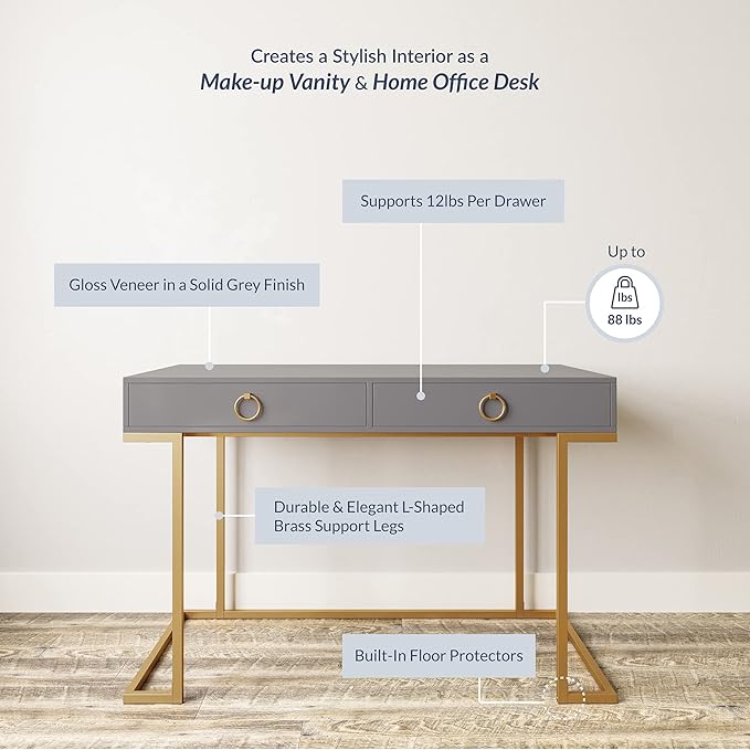 BELLEZE Modern 45 Inch Makeup Vanity Dressing Table or Home Office Computer Laptop Writing Desk with Two Storage Drawers Wood Top and Gold Metal Frame - Chelsea (Gray)