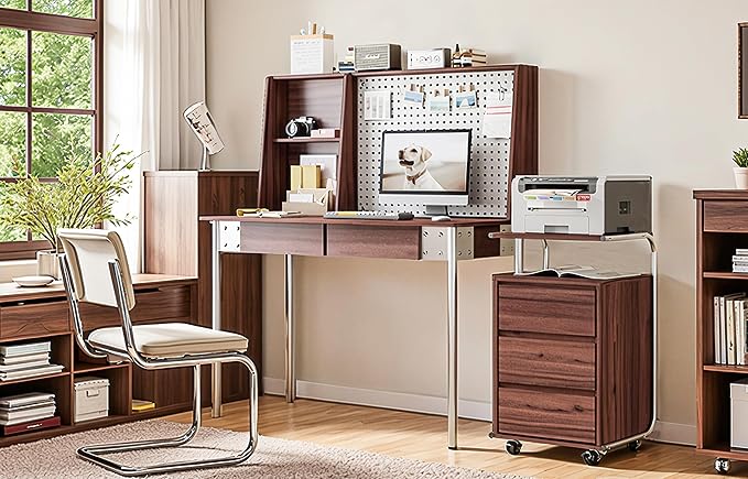 JOMEED 47 inch Desk with Hutch and Drawers Office Desk with Bookshelf and 3 Drawers File Cabinet Set Writing Desk with Pegboard for Home Office Walnut