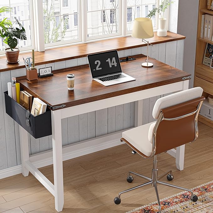 EnHomee 32 Inch Small Desk with Storage Bag Detachable Gaming Desk with Power Outlet Modern Simple Home Office Desk and Writing Desk for Small Spaces Study Desk for Bedroom Brown &amp White
