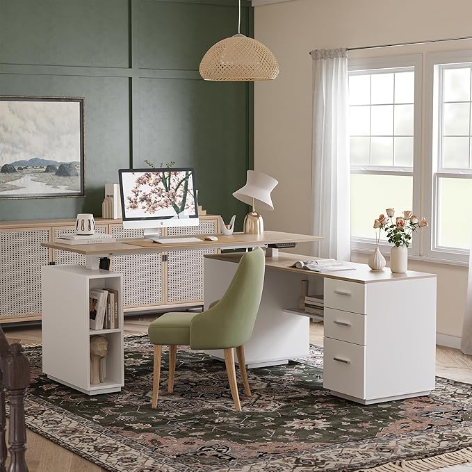 FEZIBO L Shaped Executive Standing Desk with File Cabinet &amp Shelves Electric Height Adjustable &amp Shape Reversible Light Walnut