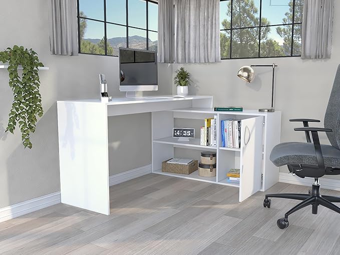 Penau L-Shaped Computer Desk with Open &amp Closed Storage Modern White Design Spacious 59 Inch Surface Perfect for Home Office