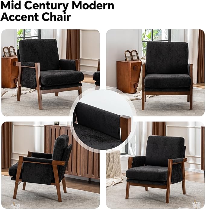 Mid Century Modern Accent Chair with Wood Frame Upholstered Living Room Chairs with Wide Armrest Chenille Fabric Comfy Arm Chair for Bedroom Reading Room Balcony (1 Black)
