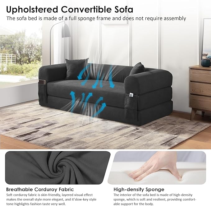 80 Convertible Sofa Bed Corduroy Deep Seat Folding Pull Out Couch with Pillows No Assembly Modern Boneless Couch Compression Sofa in Box Floor Sofa with Storage Pocket for Living RoomDark Grey