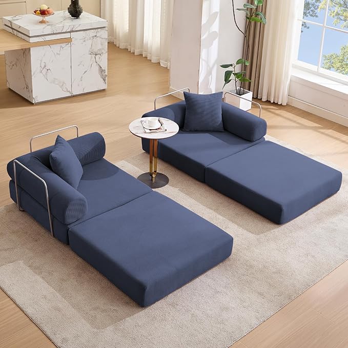 73 Convertible Modular Folding Sofa Bed 5-in-1 DIY Combination Fold Out Sleeper Sofa Bed Loveseat sleeper Couch with Removable Armrests Corduroy Floor Couch Small couches for small spaces Blue