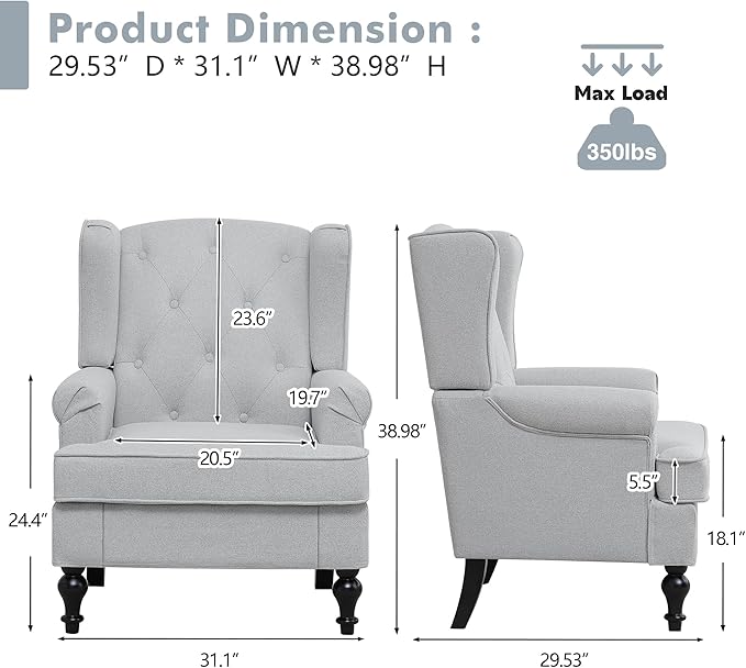 Accent Chair for Living Room Mid Century Modern Upholstered Armchair Wingback Chair with Tufted High Back and Solid Legs Comfy Single Sofa Side Chairs for Bedroom Light Grey