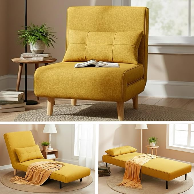 Ahomly 3 in 1 Sleeper Chair Bed Chair Bed Sleeper for Adults with 6 Angle Adjustable Backrest Convertible Single Futon for Living Room/Apartment/Office Yellow