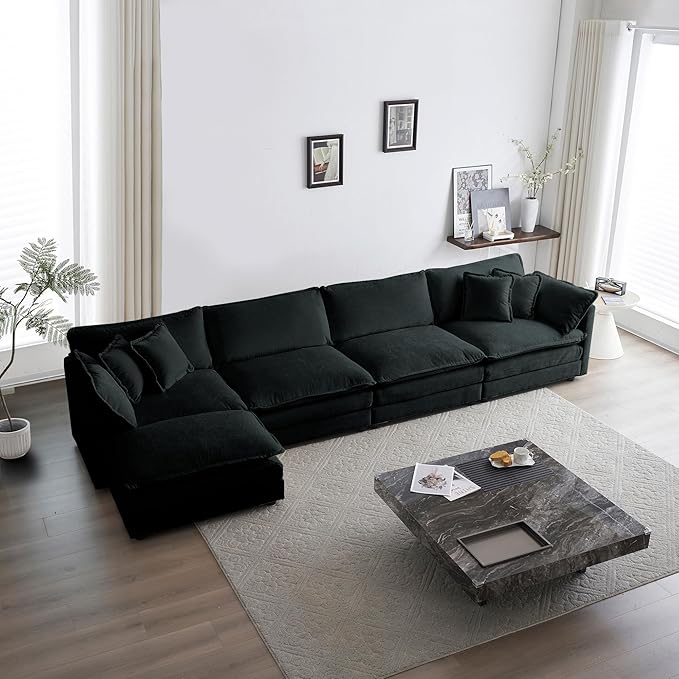WILLIAMSPACE 146.5 Sectional Sofa Couch for Living Room Modern Upholstered Oversized L-Shaped Sofa with Ottoman &amp Toss Pillows Modular 5 Seat Sofa Furniture for Apartment Chenille Fabric (Blac